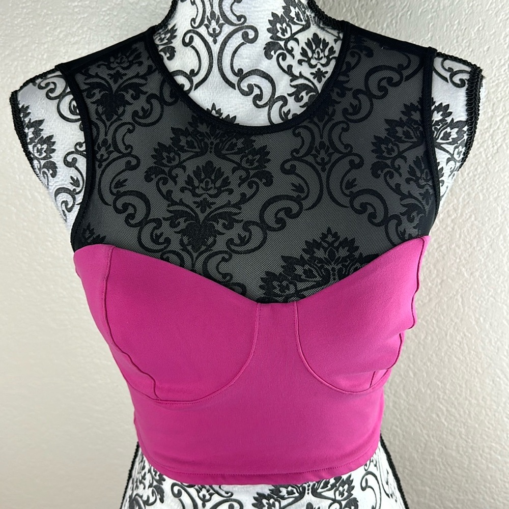 Bebe Two Toned Hot Pink Mesh Detail Night Out Crop Top Blouse XS